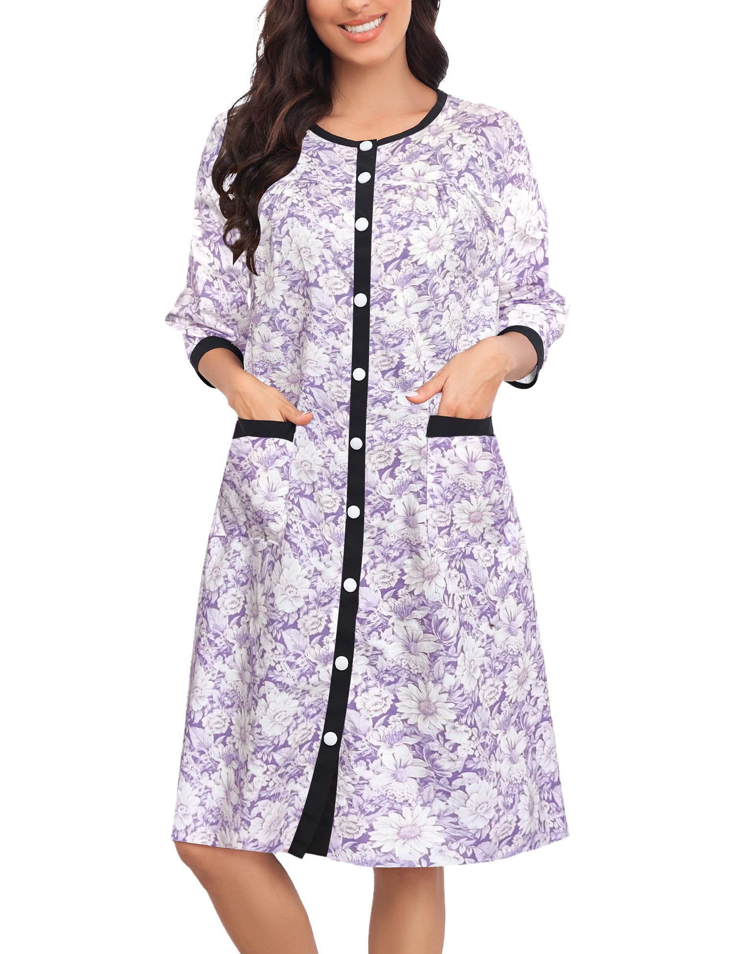 Bloggerlove House Dress Women Cotton Snap Front Nightgown 3/4 Sleeve Housecoat Duster Robe with Pockets Moomoo Patio Dress