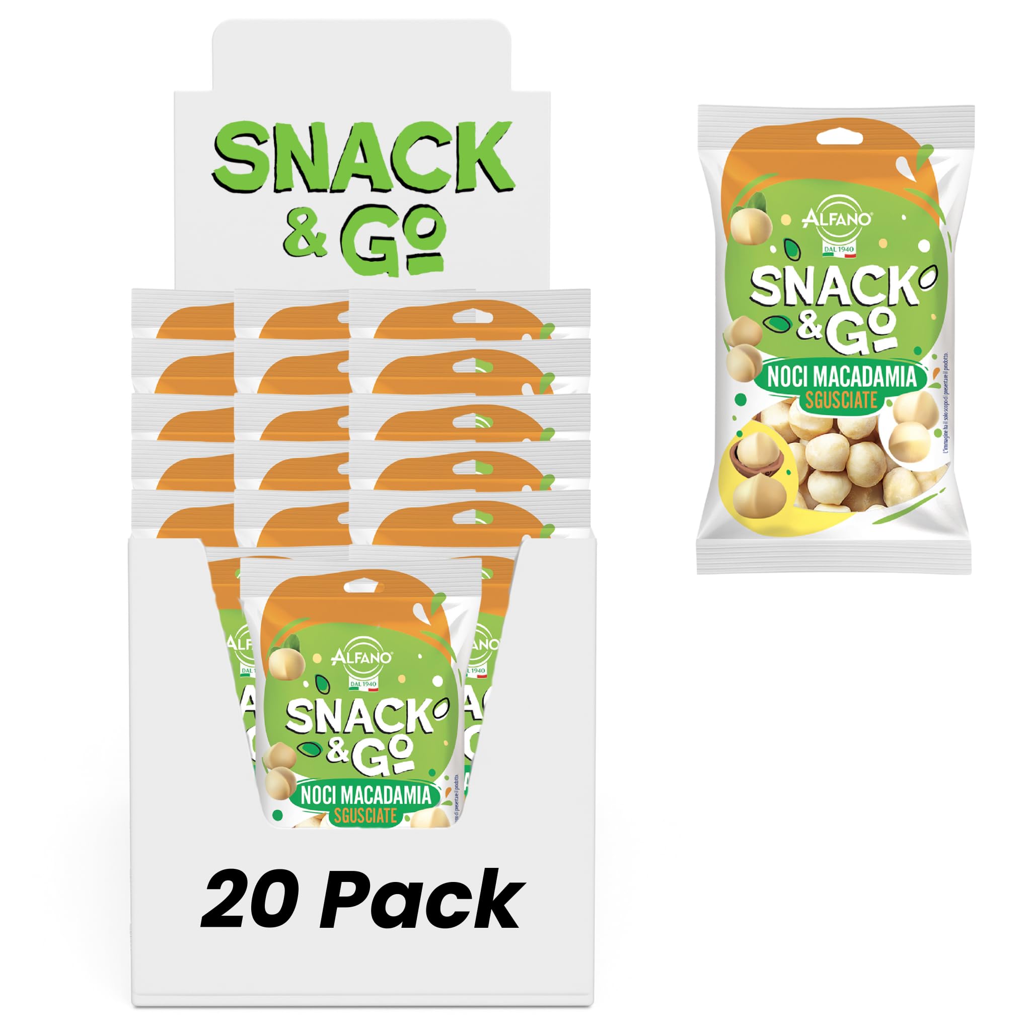 Alfano dal 1940 Noci Macadamia Sgusciate Snack & Go 20 Pacchetti Monoporzione da 30g Frutta Secca Ricca di Magnesio e Fonte di Potassio