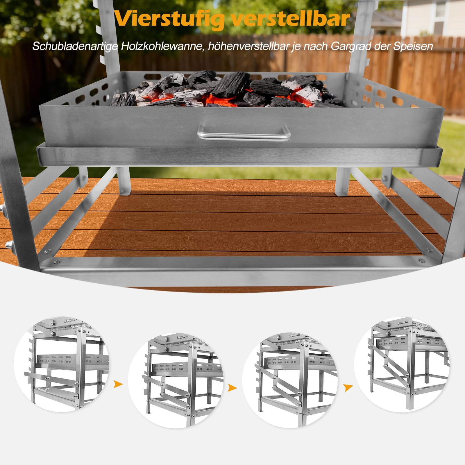 Ergocar Holzkohlegrill Multifunktionaler Tragbarer Drehbar Grill Für Den Außenbereich Mit Einstellbarer Höhe 4-Stufige Holzkohlewanne Ideal Für Das Räuchern Im Freien, Picknicks, Camping Und Barbecues