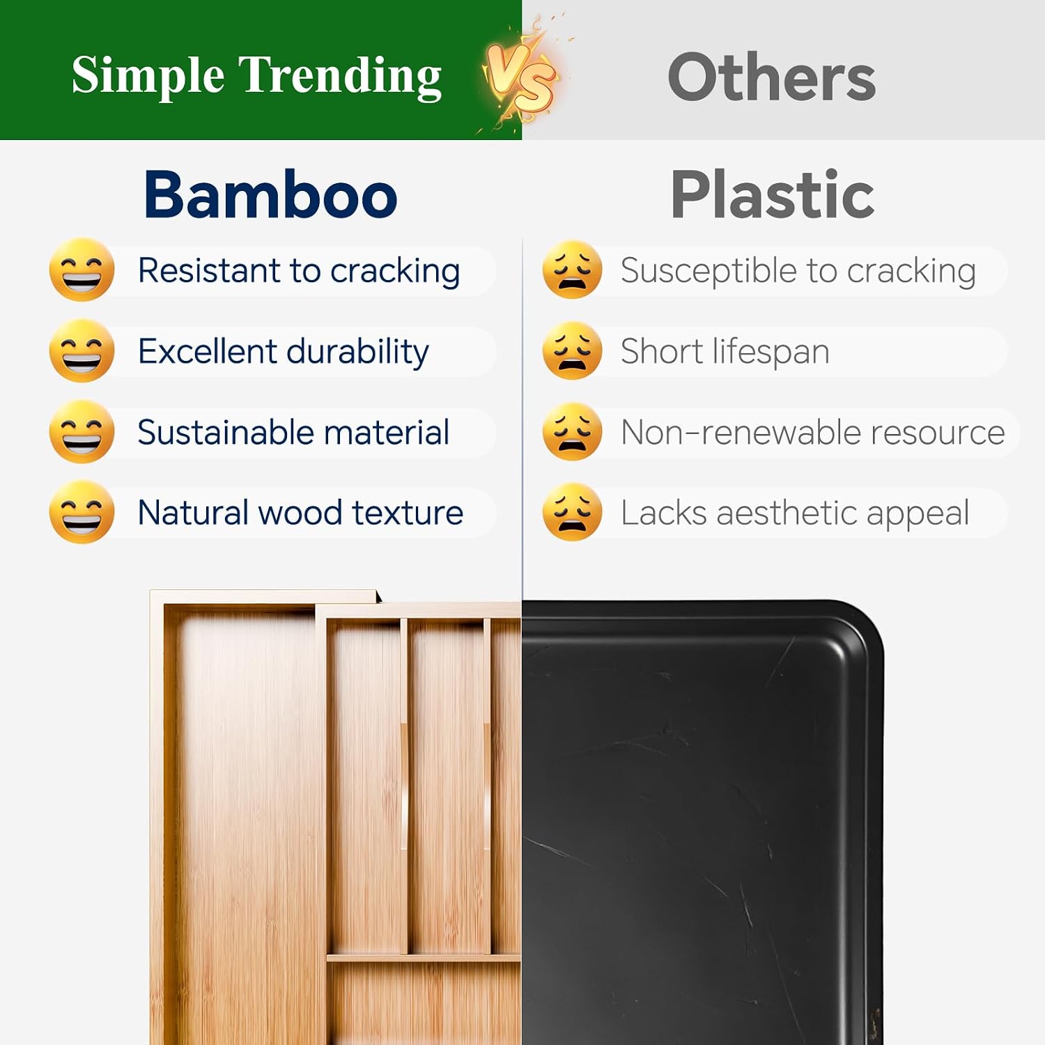 Simple Trending Expandable Bamboo Kitchen Drawer Organizer, Natural