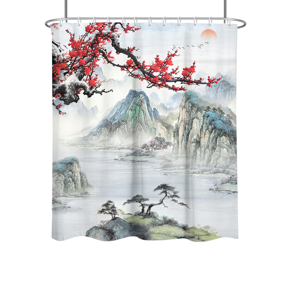RTFEVG Japanese Shower Curtain Cherry Blossom Anime Japan Asian Oriental Nature Mountain Red Floral Flower Zen Abstract Watercolor Plant Fabric Cloth