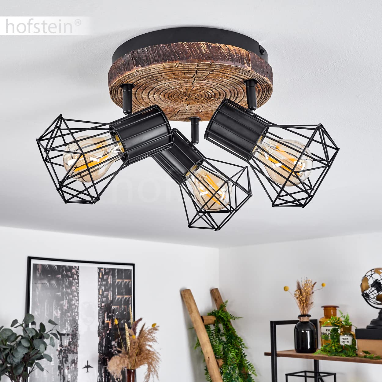 Lampa sufitowa Bardhaman, lampa sufitowa z metalu w optyce czarnej/drewna, spot w stylu retro/vintage z regulowanymi kloszami w optyce kraty z efektem świetlnym, 3 żarówki, gniazdo E27, bez żarówek