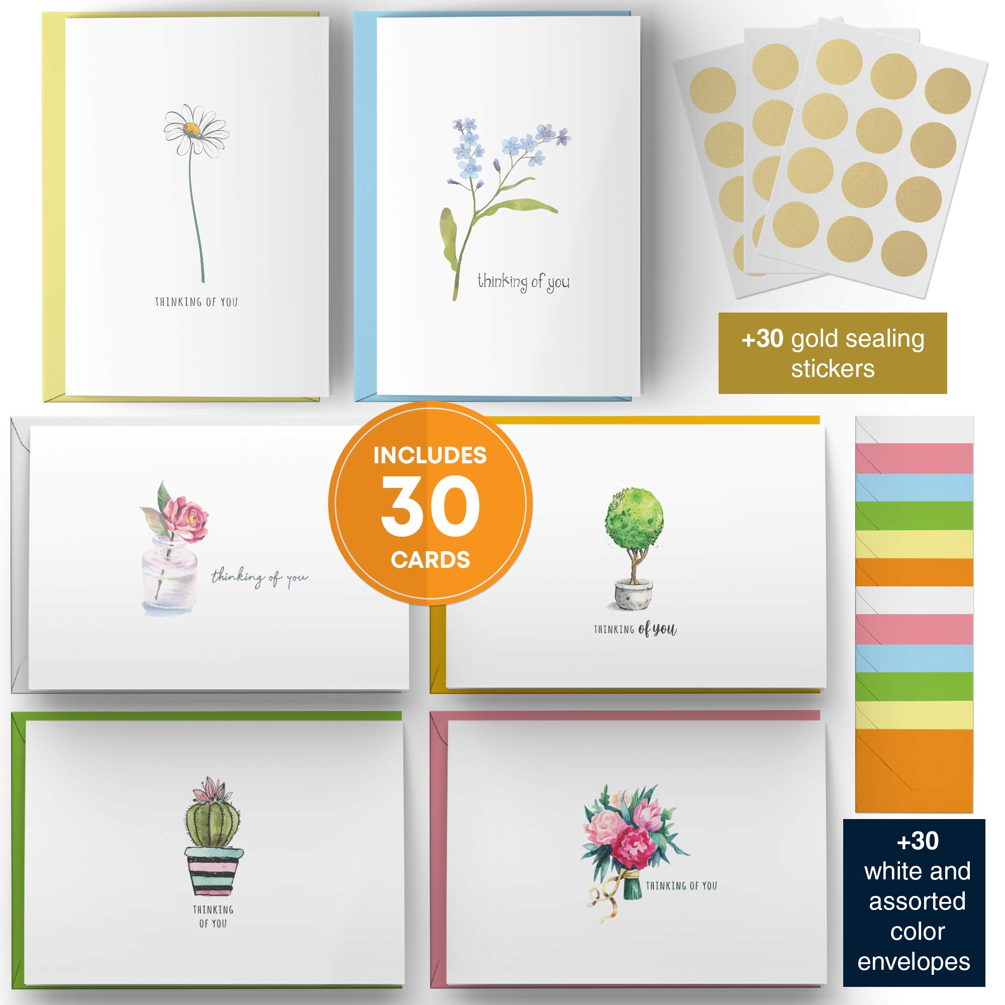 Dessie 30 Thinking of You Cards With Envelopes. 30 4x6 Inch Note Cards with Envelopes - Blank Inside with 6 Unique Floral Designs. White & Colorful Envelopes and Gold Seals In Sturdy Storage Box