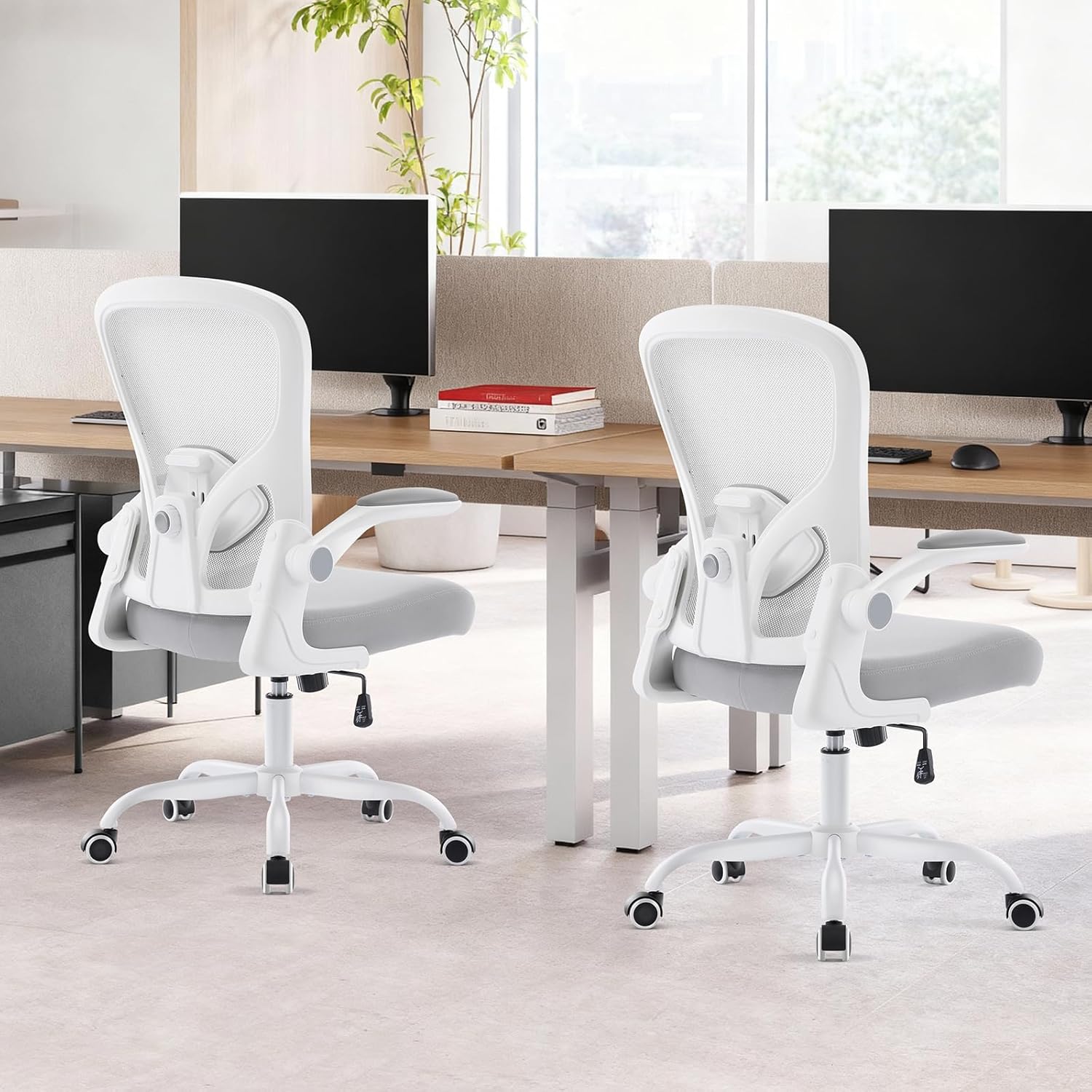 Ergonomic Office Chair, Computer Desk Chair with Adjustable Lumbar Support and Flip-up Armrests, Rocking Function, Comfy Mesh Office Desk Chair for Home Office, Grey