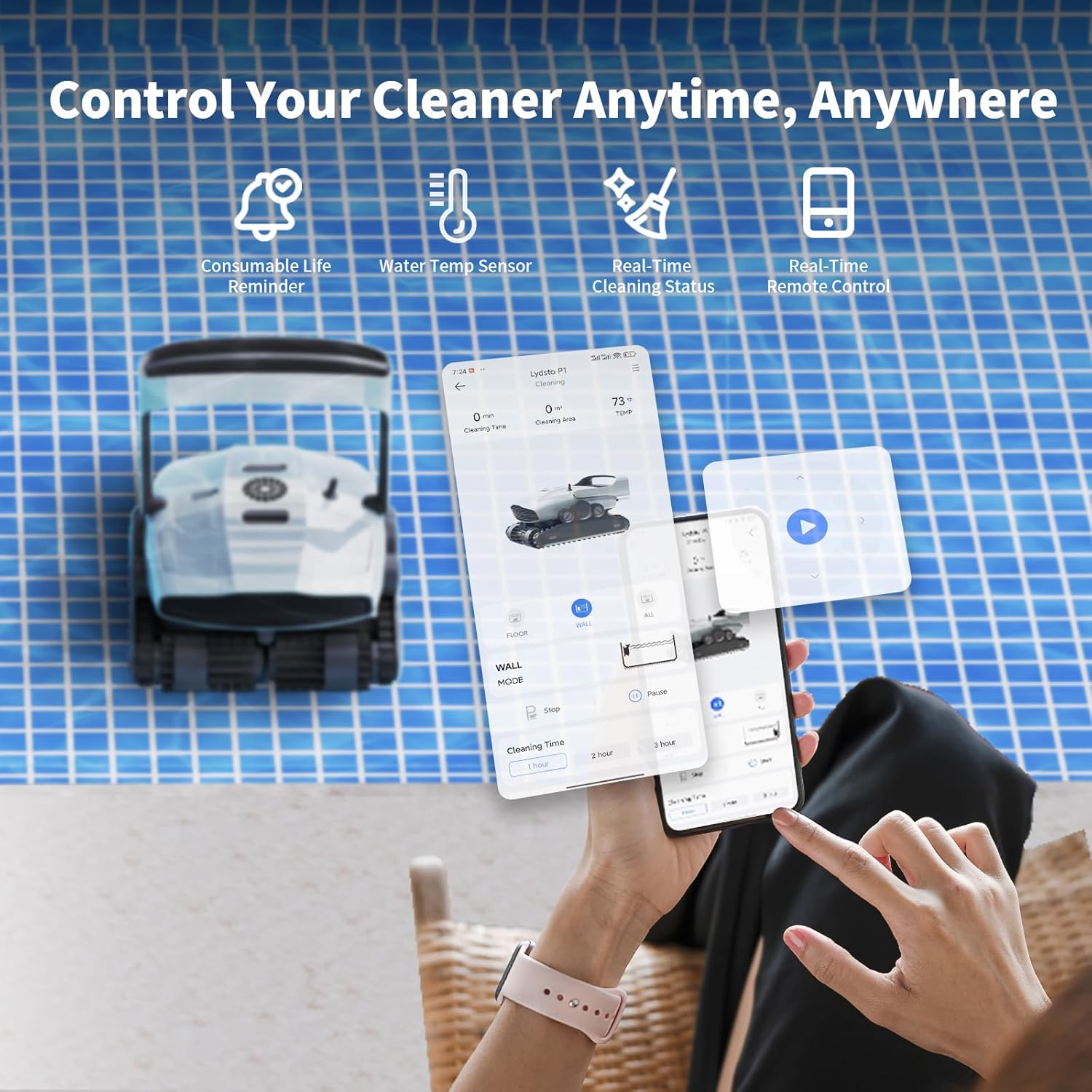 Smartphone displaying the Lydsto app interface for controlling the pool cleaner