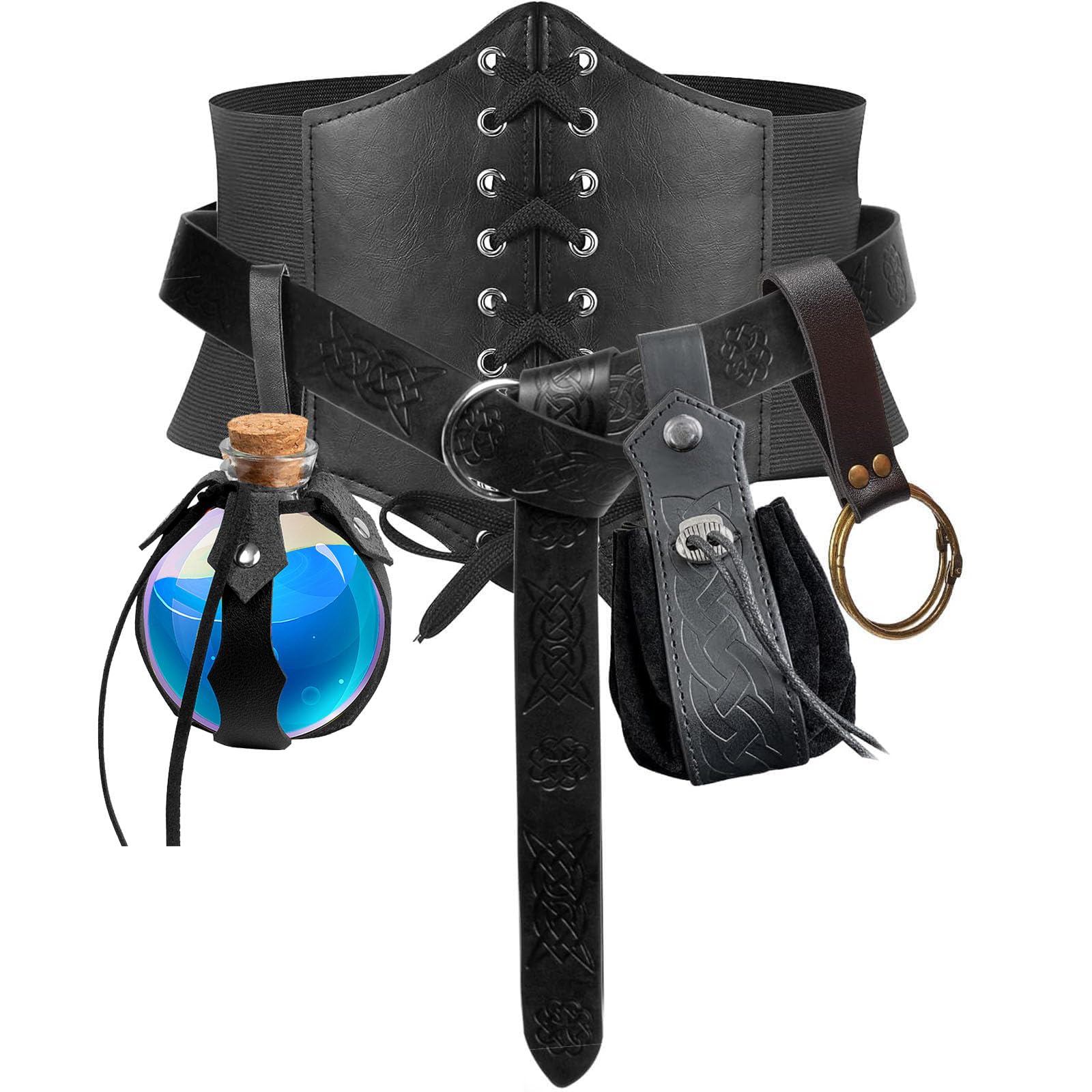 KOTORA 5PCS Renaissance Costume Sets Corset Waistband Belt Pouch Coin Purse Potion Bottle Skirt Hike Medieval Cosplay
