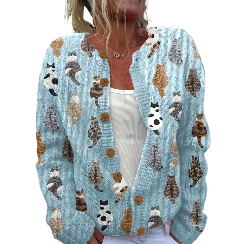heyheyshine Cat Sweaters for Women Oversized Cardigan Sweater Crew Y2K Button Knit Cardigan Sweater Cute Cardigan Sweaters