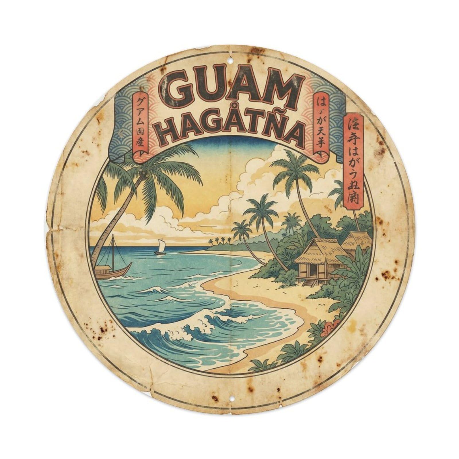 Guam Hagatna Ocean Coast Vintage Woodcut Metal Tin Sign