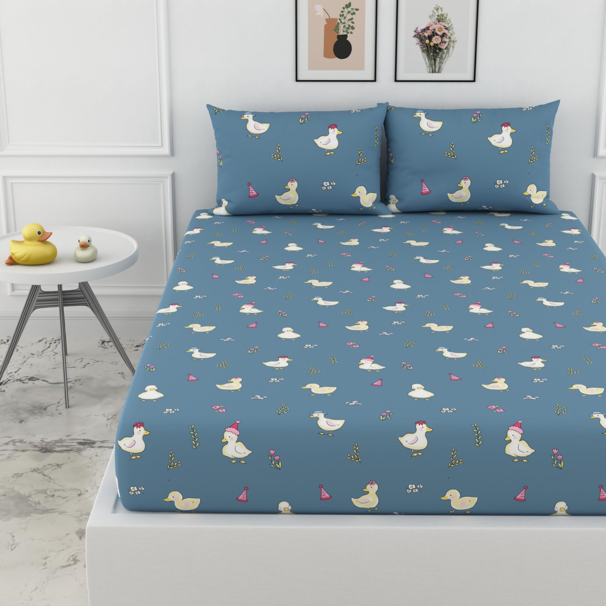LORETO - A QUALITY LINEN BRAND 100% Cotton Elastic Fitted Bedsheets King Size Bed with 2 Pillow Cover All Around Elastic Fitted Bed Sheet for King Size Mattress - 78 x 72 Inch, Pastel Blue Duck Party-image-32