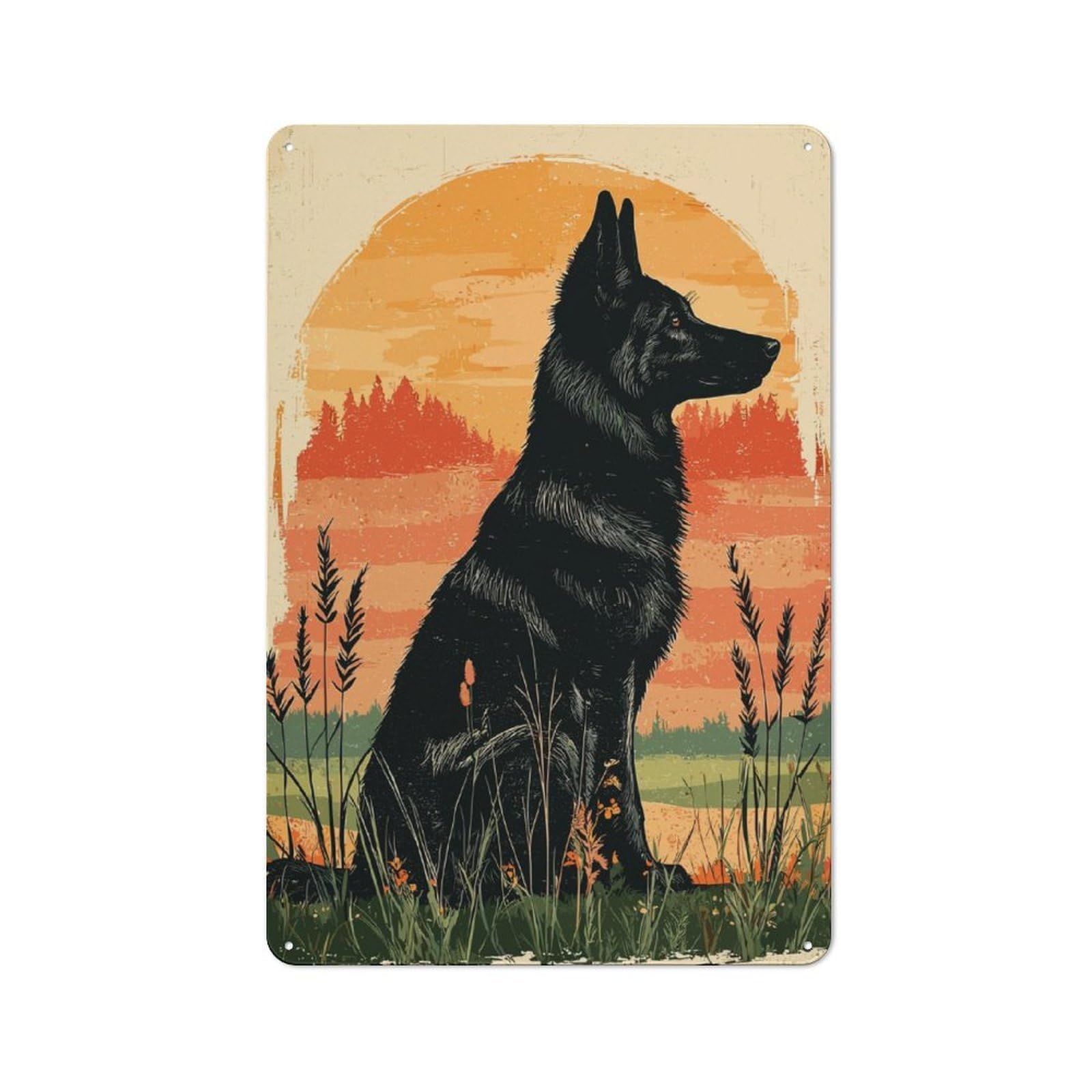 German Shepherd Silhouette Sunset Tin Wall Sign 30x20cm, Character Room Wall Plaque for Bedroom, Kitchen, Office Or Living Room