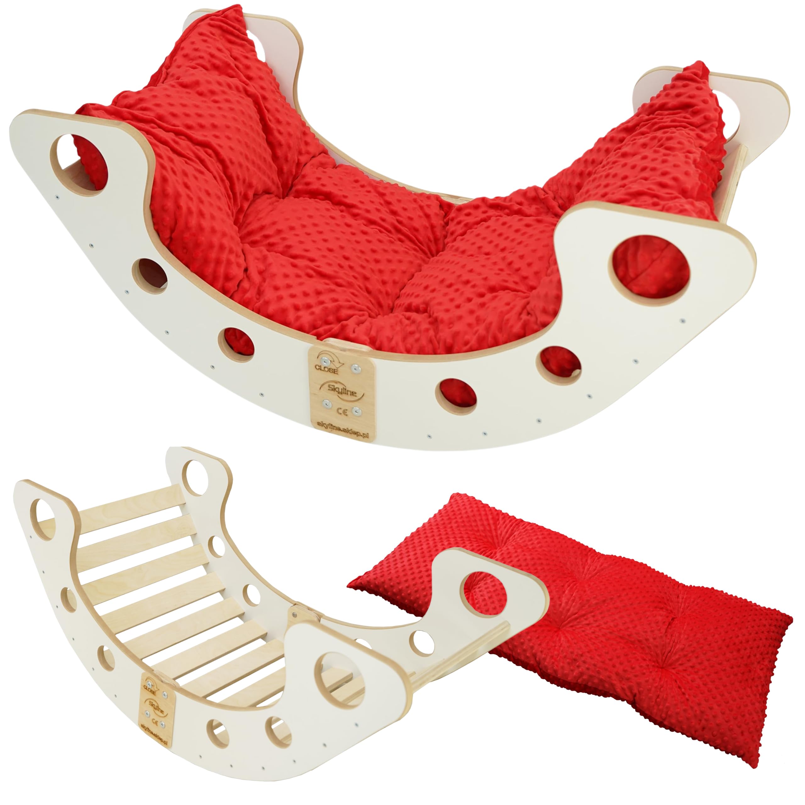 Skyline Altalene di equilibrio in legno tunnel gioco arco da arrampicata montessoriano per bambini fatto a mano dondolo montessori scivolo con altalena con cuscino L Bianco/Rosso
