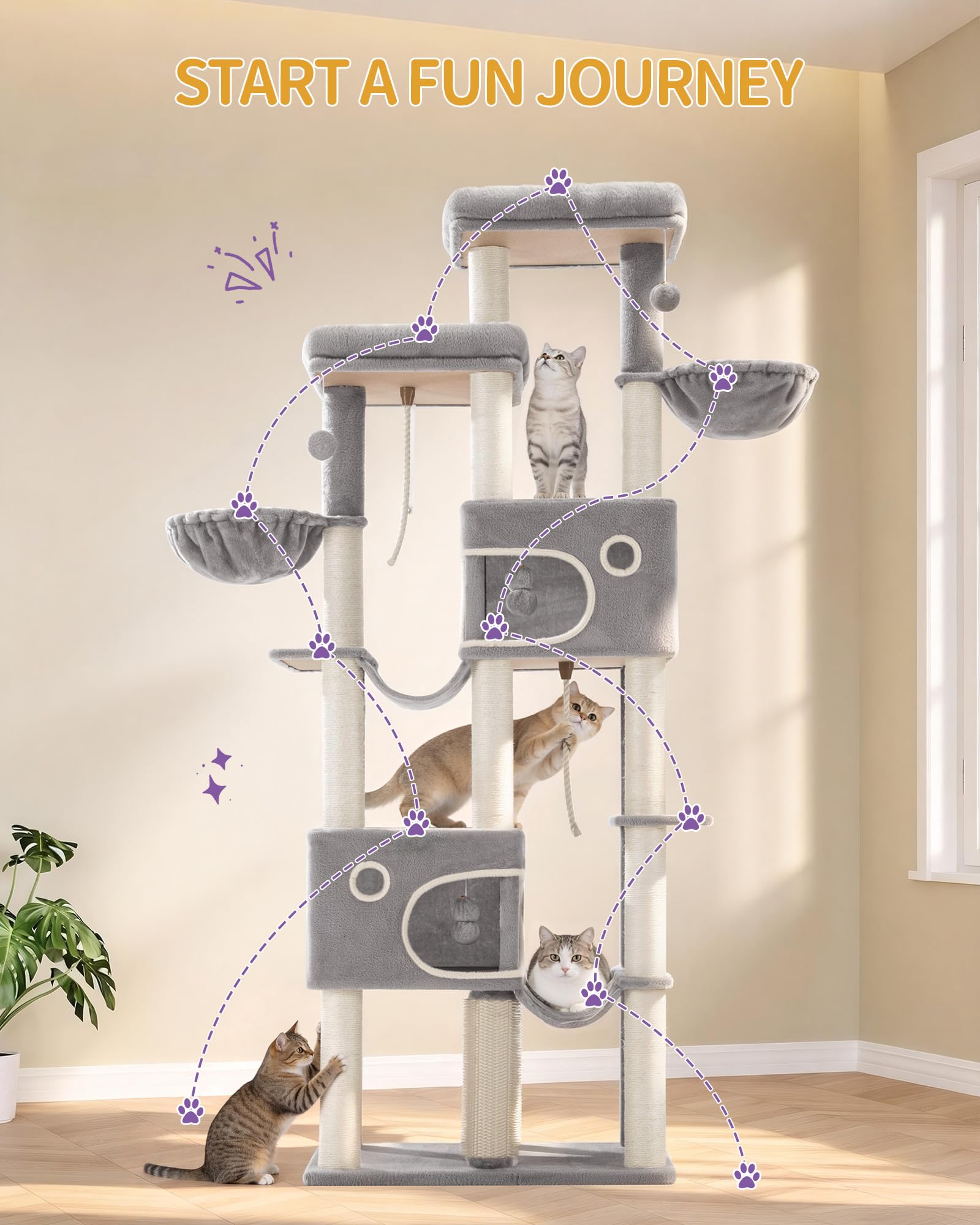 Hzuaneri Albero Tiragraffi Grande per Gatti, Torre per Gatti da Interno 213 cm con 2 Piattaforme XL, 2 Grotte, 10 Pali in Sisal, 2 Amache e Massaggiatore, per Maine Coon, Grigio Chiaro, MS21418LG