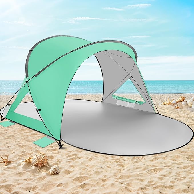 Beach Tent Sun Shelter 2-3 Person Easy Setup Beach Shade Canopy with UPF50+ UV Protection Family Beach Umbrella with 2 Zipper Doors