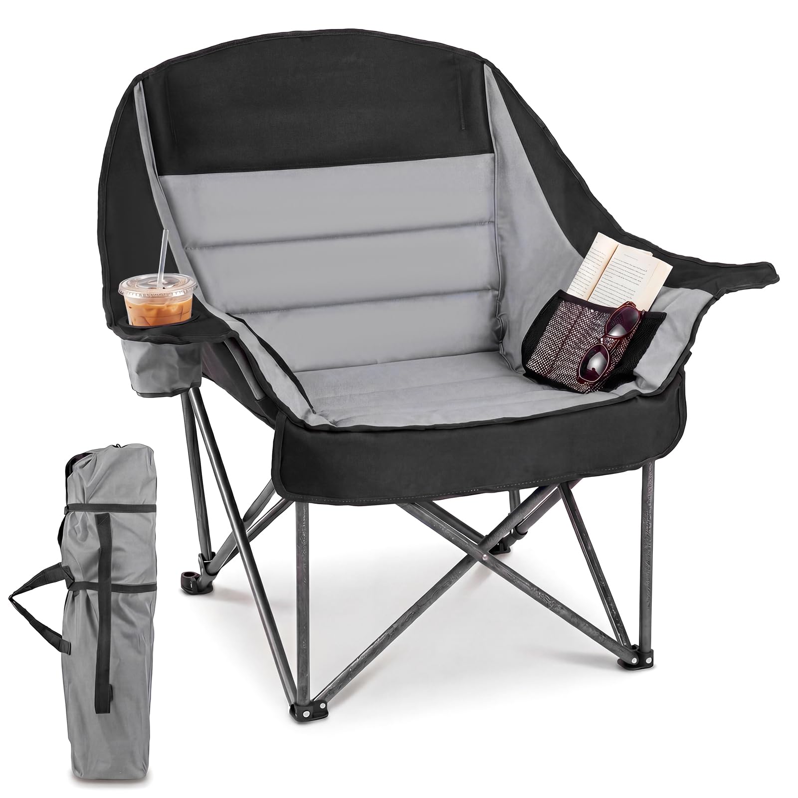 COSTWAY Campingstuhl Faltbar XXL 225KG Belastbar, Klappstuhl Gepolstert, Übergroßer Angelstuhl mit Getränkehalter & Netztaschen, Faltstuhl für Camping, Picknick, Garten, Strand (Schwarz + Grau)