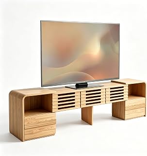 TV Lowboard ausziehbar in Heller Eichenoptik, TV Board mit Lamellentüren und dre