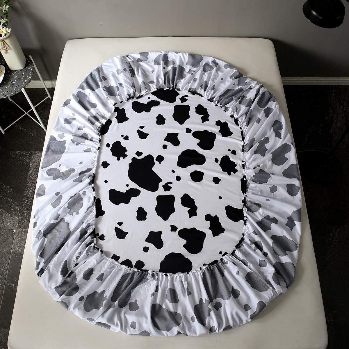 Set di lenzuola per letto singolo, 3 pezzi, nero, bianco, latte, mucca, animali + lenzuolo con angoli con tasca profonda + lenzuolo con angoli + 1 federa per cuscino a quadri per bambini e ragazze