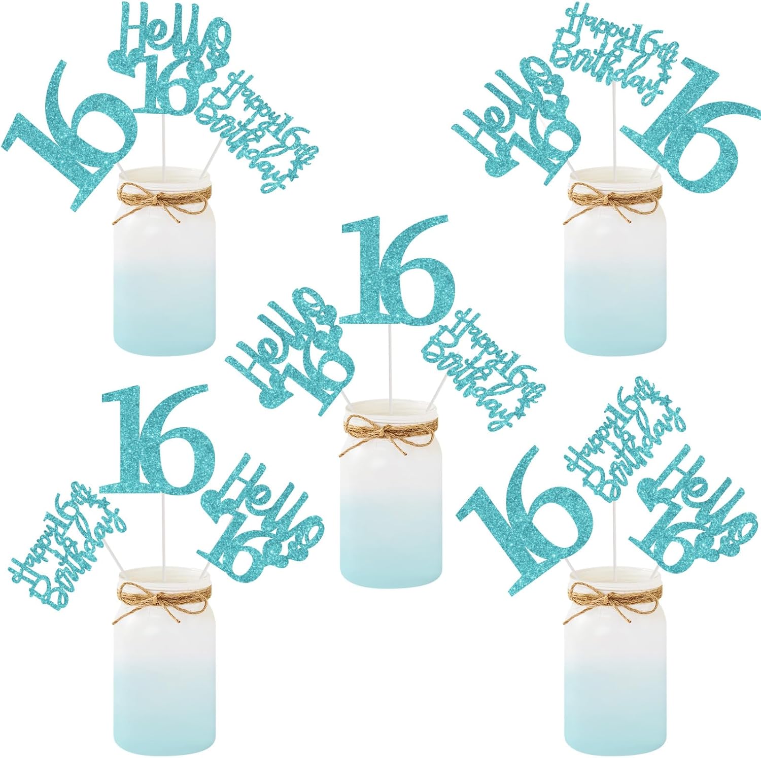 Funmemoir Happy 16th Birthday Decorations Girl - 15PCS Teal Blue Glitter Table Centerpiece Sticks, Cheers to 16 Years Turquoise Party Supplies for Sweet Sixteen Table Decor