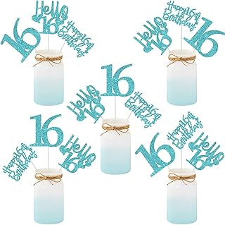 Funmemoir Decoraciones de feliz cumpleaños número 16 para niña, 15 unidades de palitos de centro de mesa con purpurina azul turquesa, saludos a 16 años, suministros de fiesta para decoración de mesa