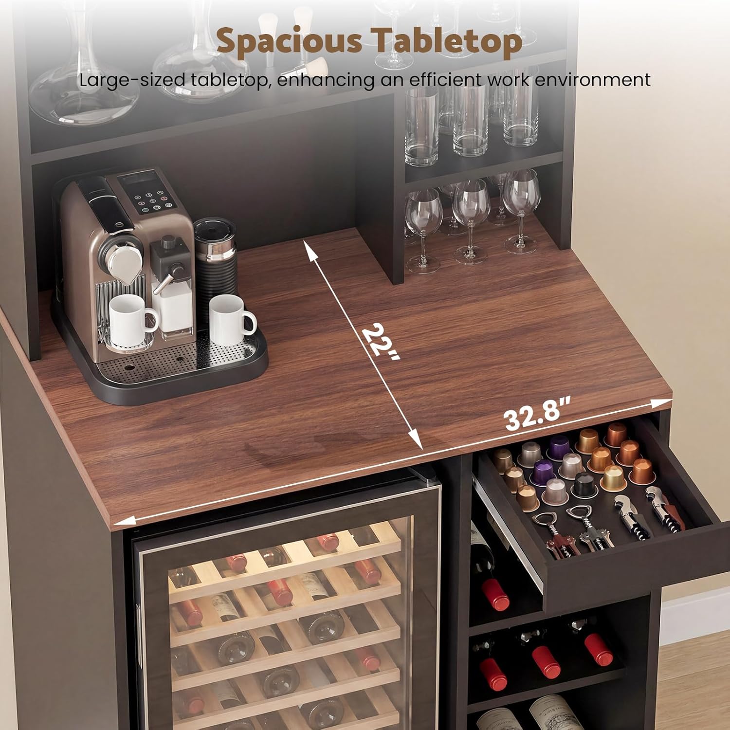 8-Tier Tall Home Coffee Bar Cabinet with Fridge Space, Mini Fridge Stand with Glass Holders, Tall Microwave Stand Liquor Cabinet with Drawer for Kitchen Dining Room Living Room Bar Office Dorm (Black)