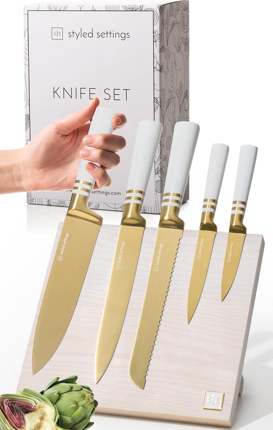 White and Gold Knife Set with Block 6 PC White and Gold