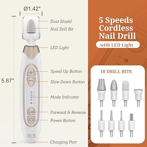 Miniatura 5 de PELCAS Molinillo eléctrico para uñas gruesas, kit de manicura y pedicura de 5 velocidades, taladro de uñas inalámbrico con luz LED, lima de uñas