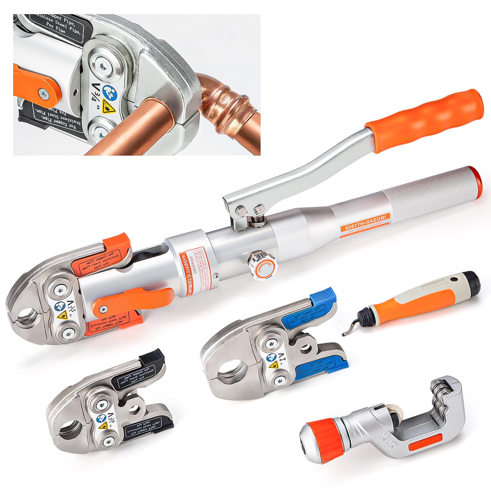 IBOSAD Copper Tube Fittings Hydraulic Pipe Crimping Tools with 1/2",3/4” and 1” Jaw Copper Pipe Press Crimpers Pressing Pliers,Suit for Narrow Space