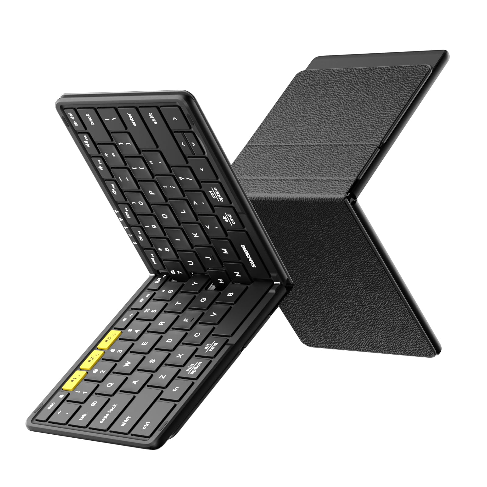 Full-Size Foldable Bluetooth Keyboard, KF08S Wireless Folding Keyboards with PU Leather Cover, Portable Travel for iPhone iPad Smartphone Tablet Laptop, Android Windows Mac OS, Black