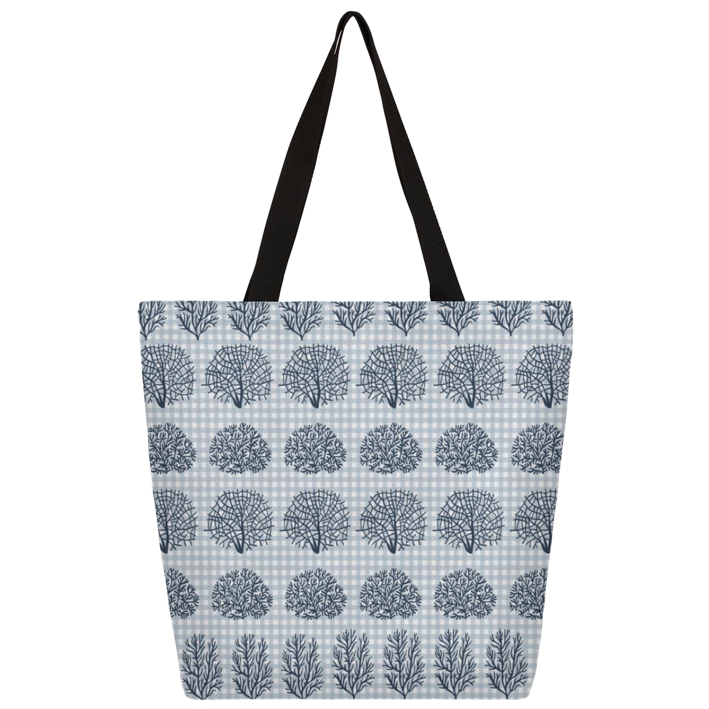 Mularoka Grid Hand Painted Coral Large Capacity Canvas Tote Bag Stylish Handheld Shoulder Bag Reusable Shopping Bag for Work Travel Beach Trips Shopping