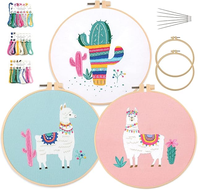 Mingham Embroidery Kit with Flossing Needles for Beginners Full Range Kits Alpaca Cactus Cross Stitch Starter Kit