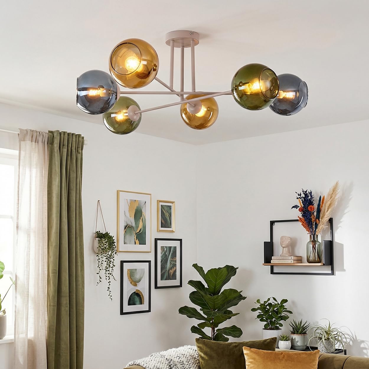 HOFSTEIN Deckenleuchte Koyoto, 6-flammige Deckenlampe aus Metall/Glas in Sandfarben/Blau/Grün/Goldfarben, moderne Leuchte im Retro/Vintage-Design, E14, Esszimmer, Küche, Wohnzimmer, Schlafzimmer