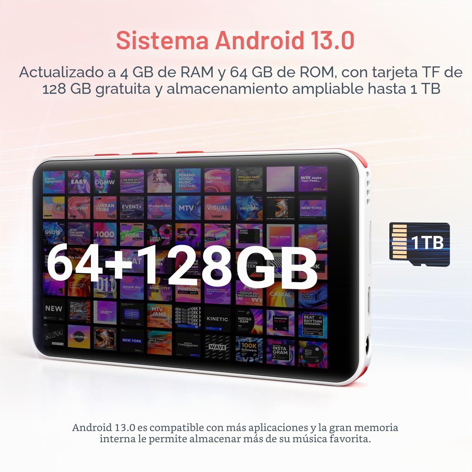 192GB Reproductor MP3 con Bluetooth y WiFi, Android 13.0, RAM:4GB, 4.0" HD MP4 Reproductores Pantalla Táctil y Altavoz, MP3 Spotify Portátil (Blanco + Rojo)
