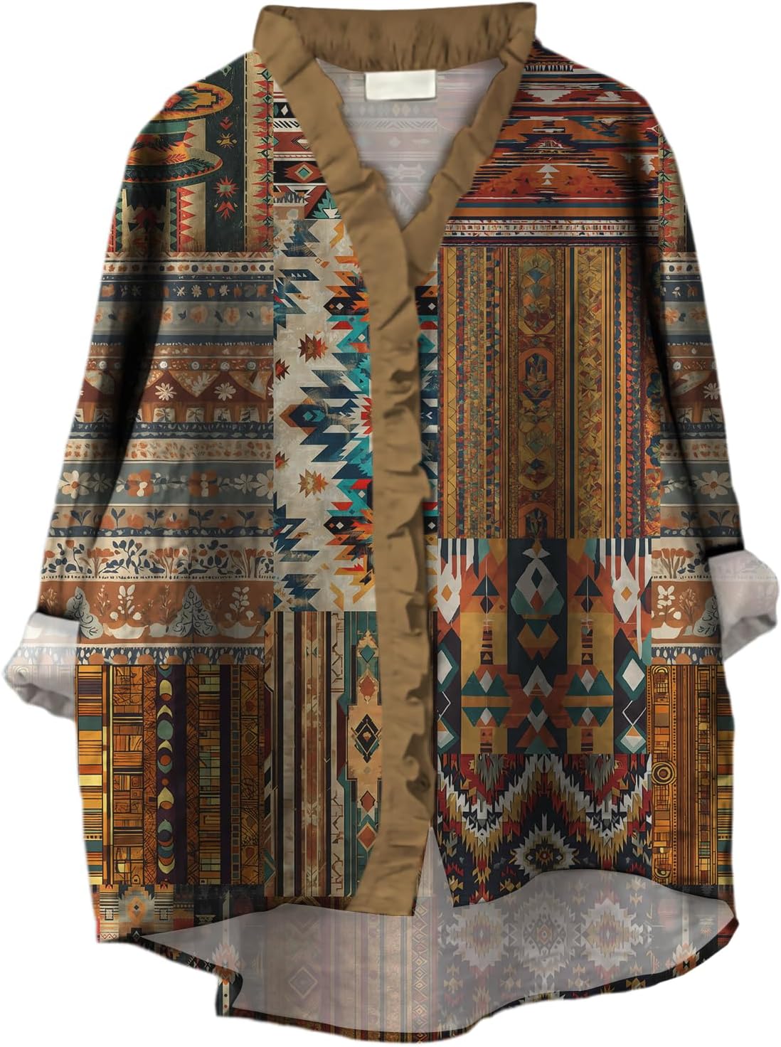 Womens Bohemian Kimono Cardigan Patchwork Open Front Ruffled Floral Geometric Print Lightweight Button Down Shirt