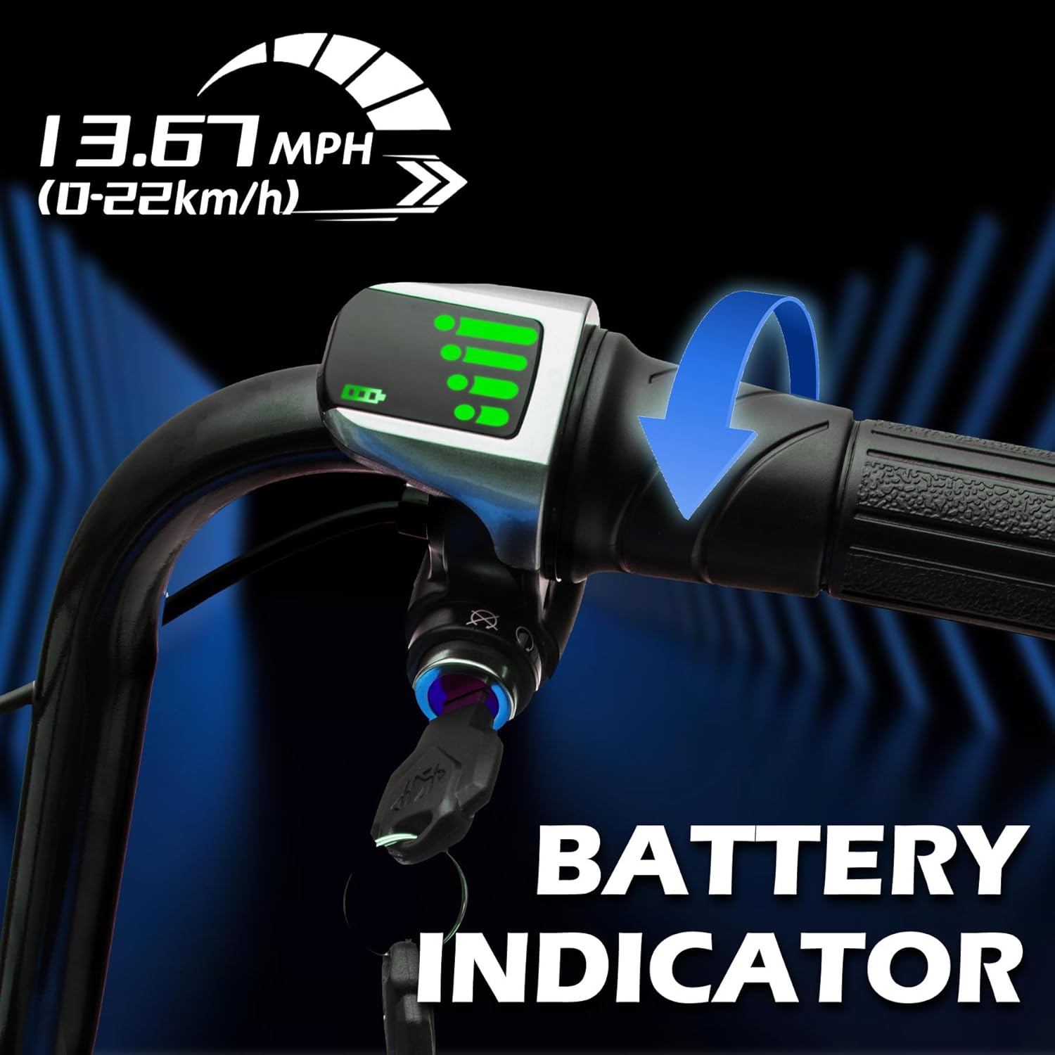 Close-up of the battery indicator display on the handlebar.