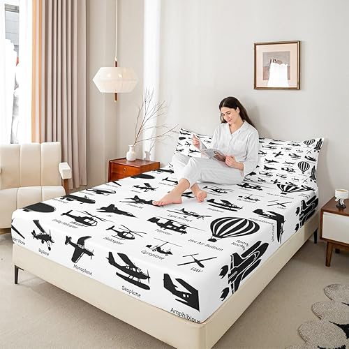 Miniatura 5 de Erosebridal Sábanas de avión tamaño Queen, juego de ropa de cama de aviones en blanco y negro, sábana bajera ajustable para niños, niños,