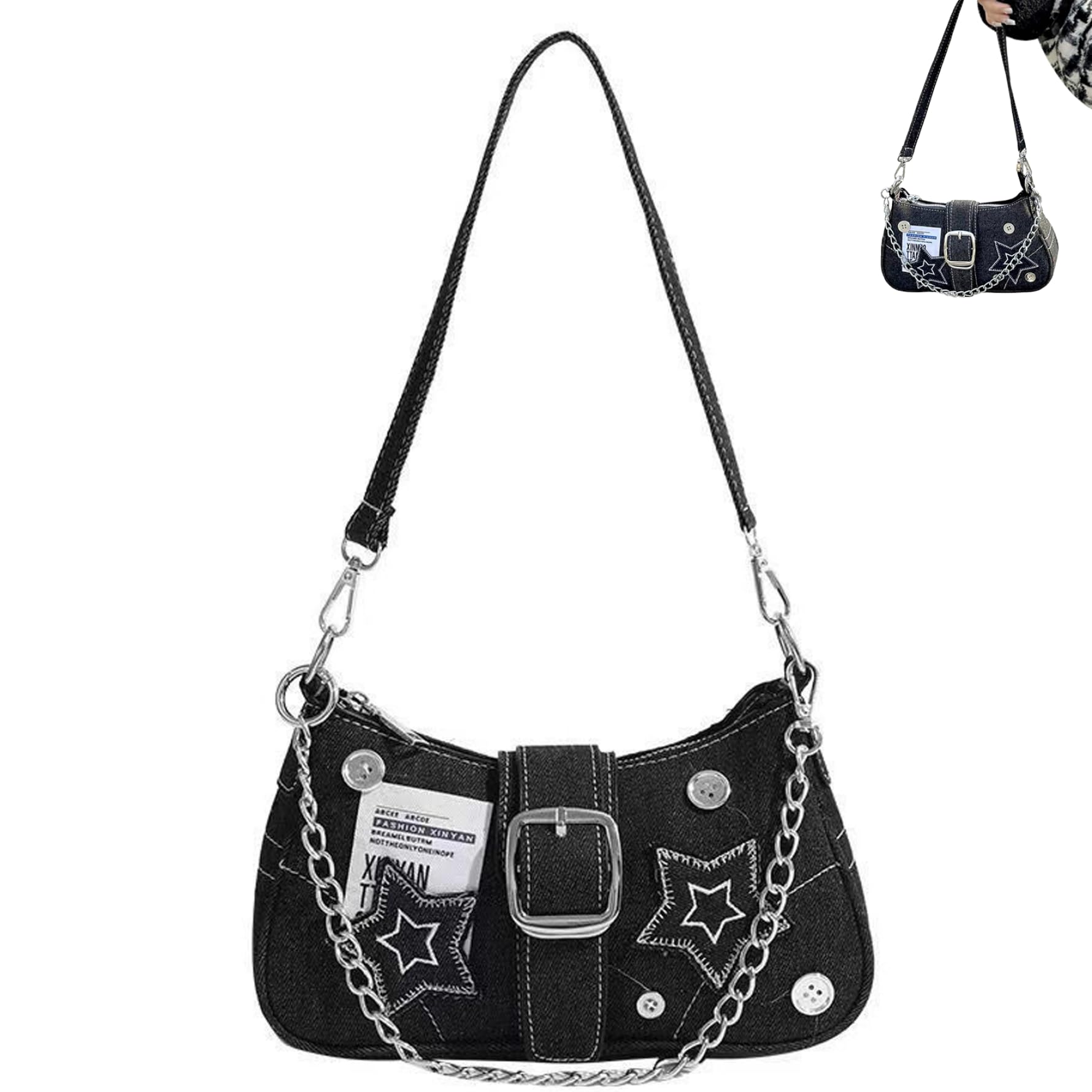 Bolso Y2K, bolsa de moda y2k de moda vintage con decoración de cadena, bolso de hombro Y2K de axila con mango superior, cremallera y2k carteras para mujeres de trabajo de niñas, bolso Y2K