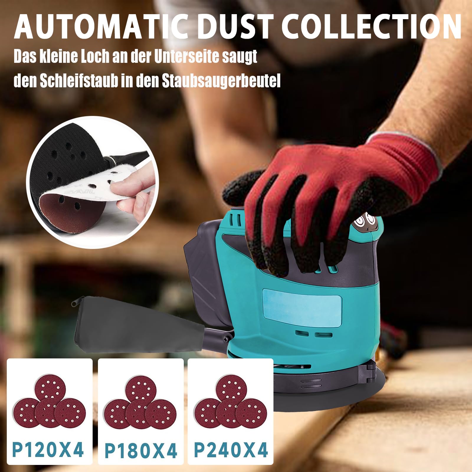 Ponceuse excentrique sans fil 125 mm, compatible avec la Makita DBO180Z, ponceuse électrique sans fil à 3 vitesses, pour le travail du bois et du métal, avec 2 batteries de 3000 mAh et un chargeur