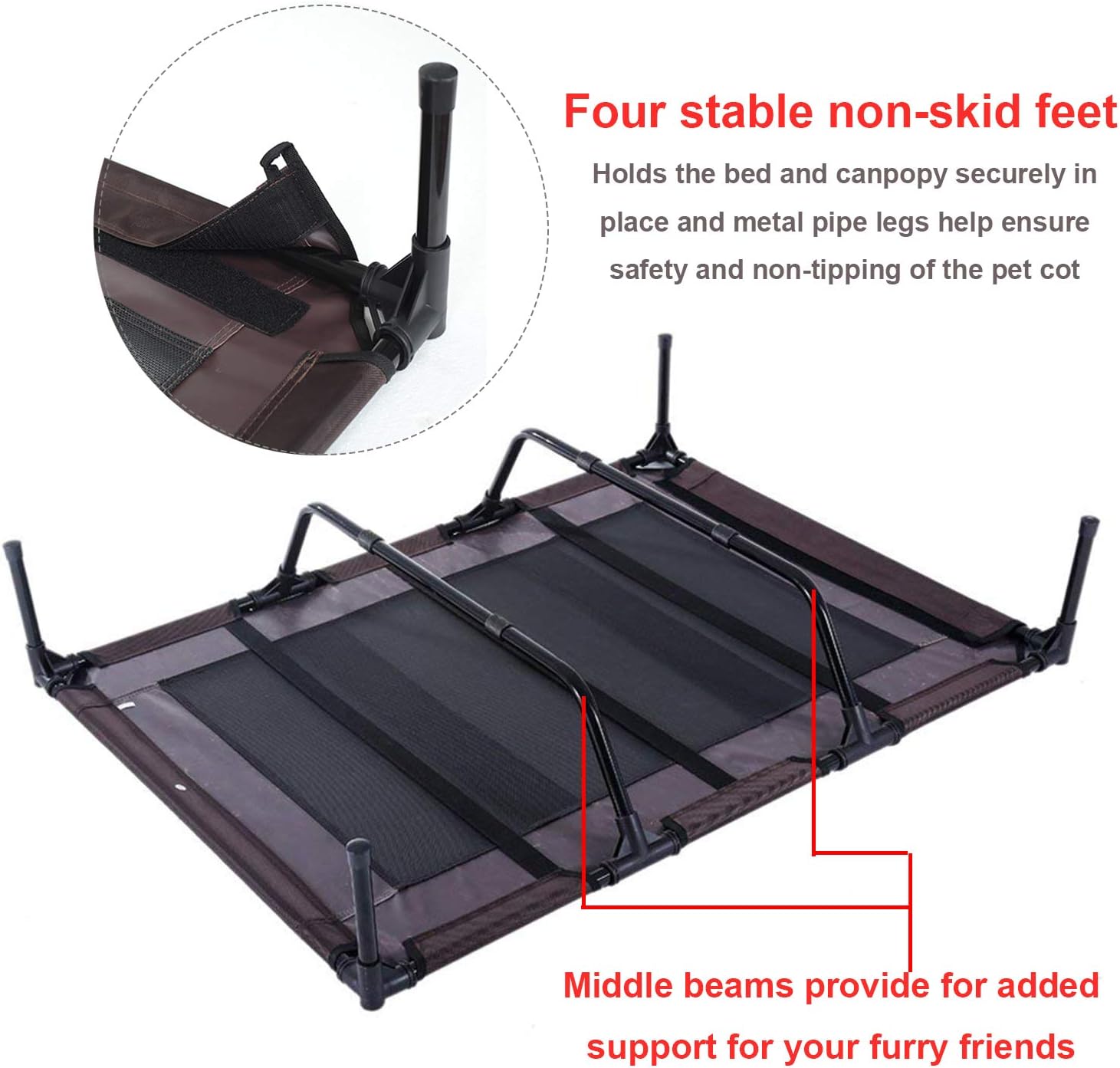 Reliancer Large 48" Elevated Dog Cot with Canopy Shade 1680D Oxford Fabric Outdoor Pet Cat Cooling Bed Tent w/Convenient Carrying Bag Indoor Sturdy Steel Frame Portable for Camping Beach (48, Brown)