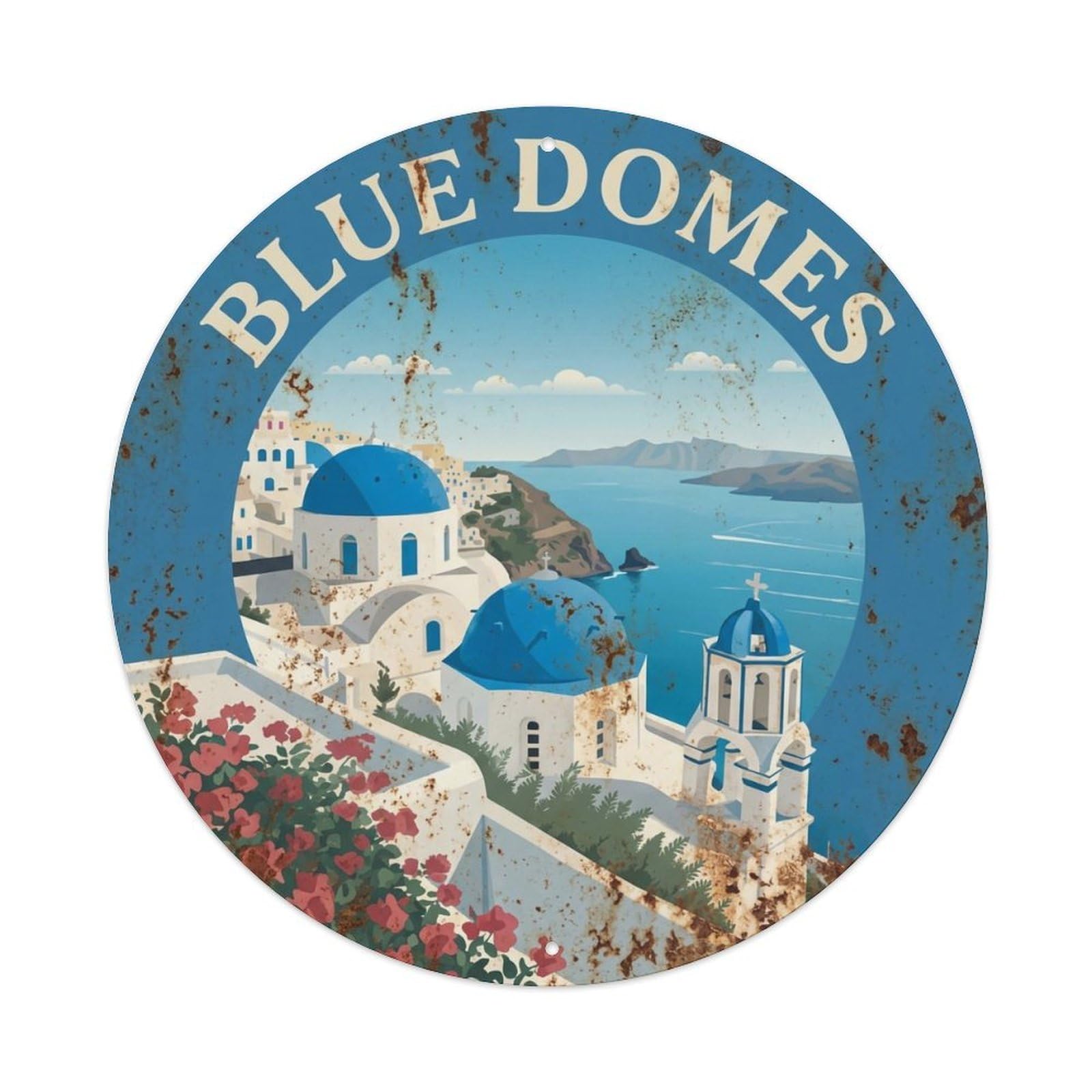 Vintage Travel Blue Santorini Domes Metal Tin Sign
