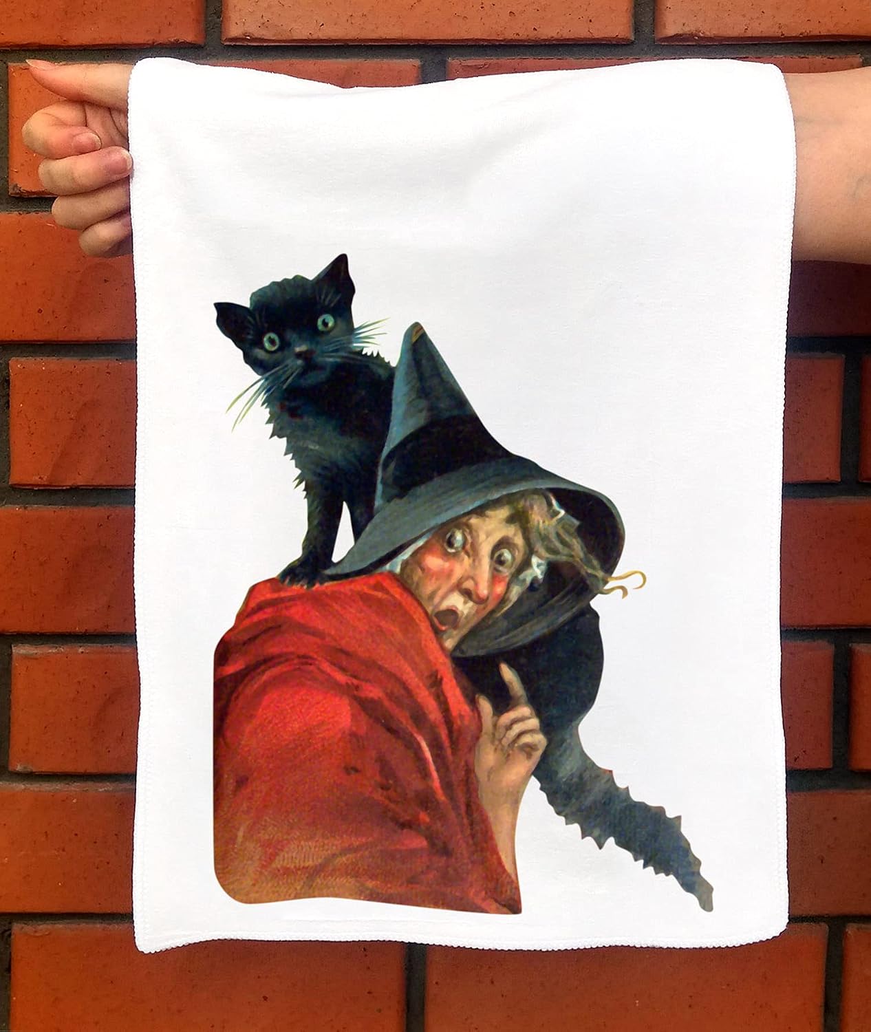 Hand Towel * Halloween * Scary Witch and Black Cat * Vintage Cards Poster Illustration * Microfibre Towel 12"x25"