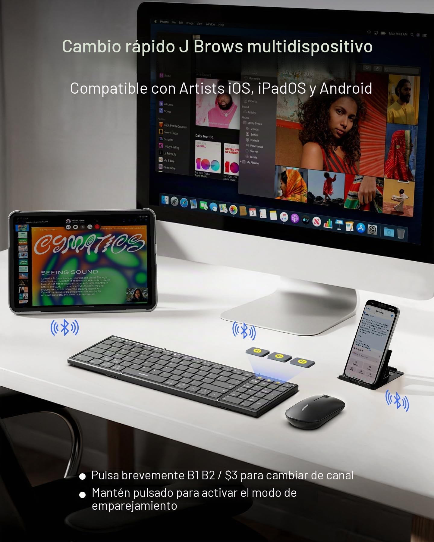 Inateck Teclado inalámbrico plegable con teclado numérico, funciones de IA | Diseño portátil para iPad/iPhone/Android/Windows/tabletas, con soporte (negro)