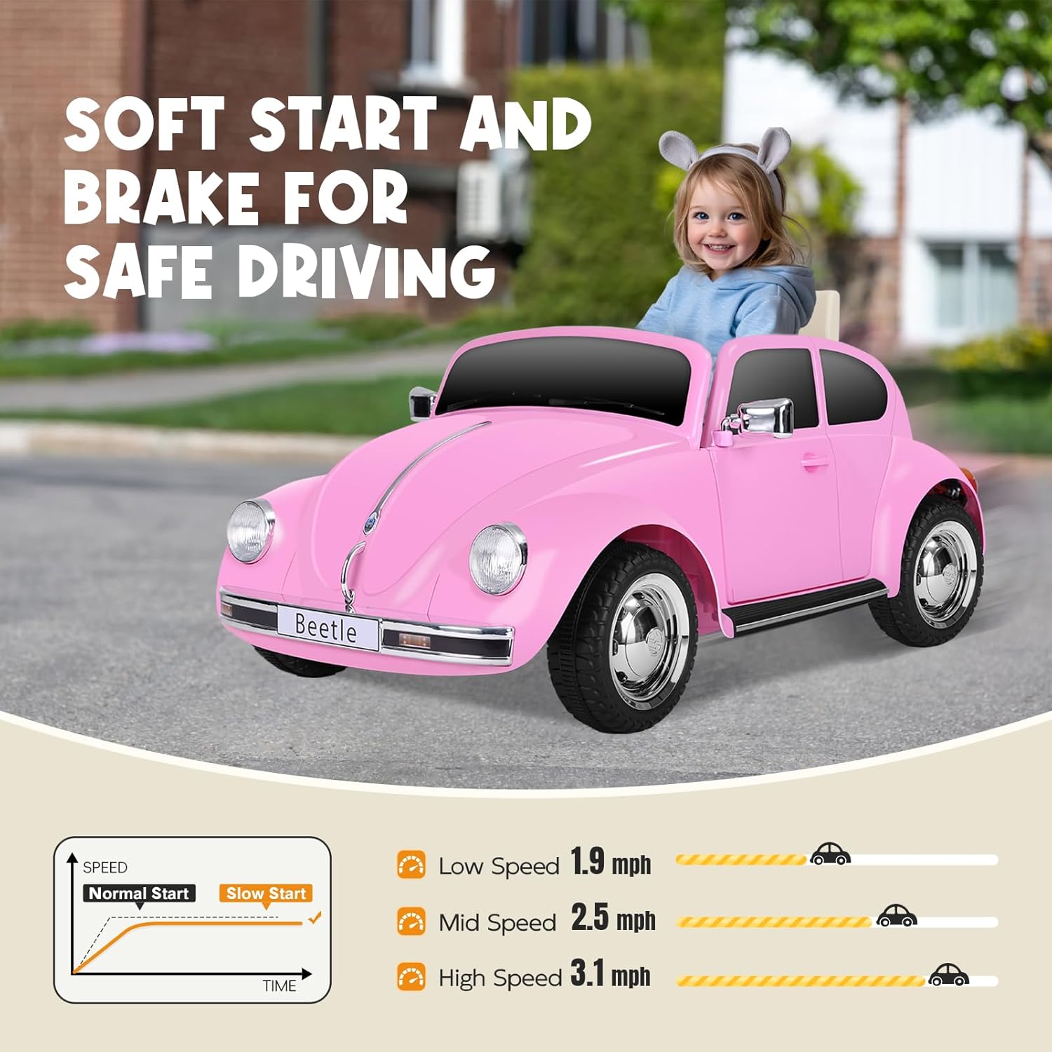 XCAR 12V Electric Car for Toddlers, Ride on Car with Remote Control, LED Light, 3 Speeds, Music, Bluetooth, Ages 3-5 Years Old, Pink