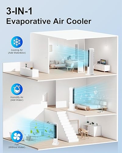 Miniatura 4 de Uthfy Enfriador de pantano de 41 pulgadas, enfriador de aire evaporativo con 4 paquetes de hielo y control remoto, oscilación de 80, 3 velocidades,