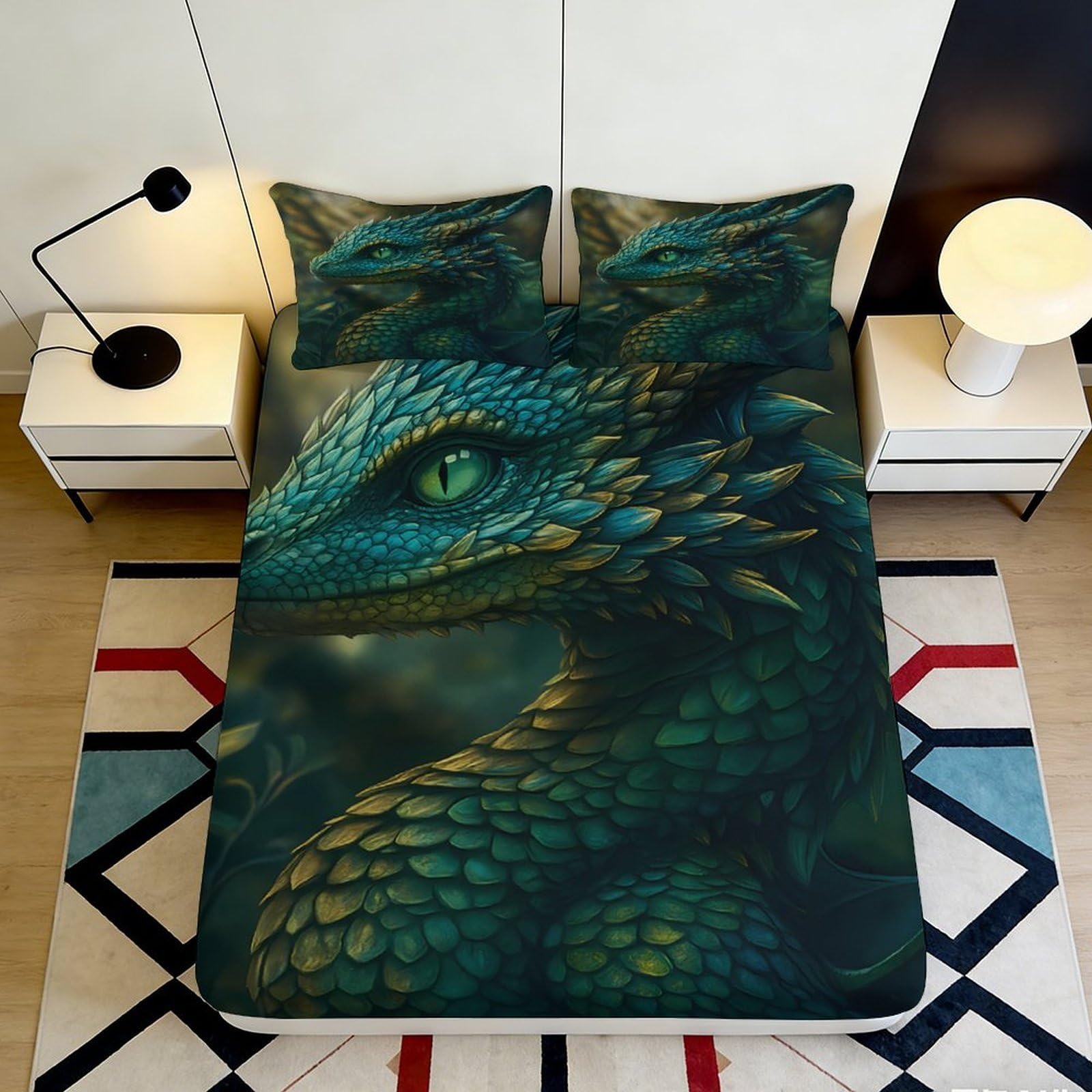 3D Printed Emerald Dragon Fitted Sheet Microfiber Deep Green Fantasy Mattress Cover for Bedroom Dorm Easy Care 90x200x25cm