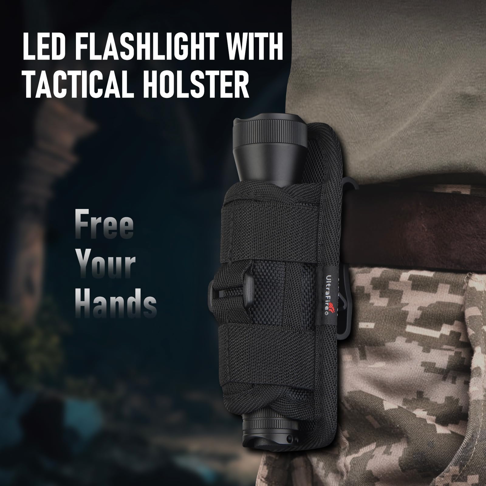 ULTRAFIRE Linterna táctica recargable con funda, linterna LED con zoom de 1350 lúmenes con bolsa para cinturón, 6 modos, USB-C, para policía/seguridad/aplicación de la ley/camping, E5