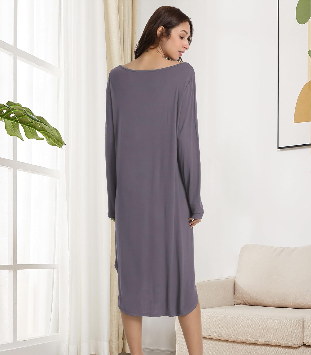 NACHILA Nightgowns for Women-Viscose Made from Bamboo,Long Sleeve Sleep Shirt Soft Nightshirts V Neck Sleepdress - Image 2