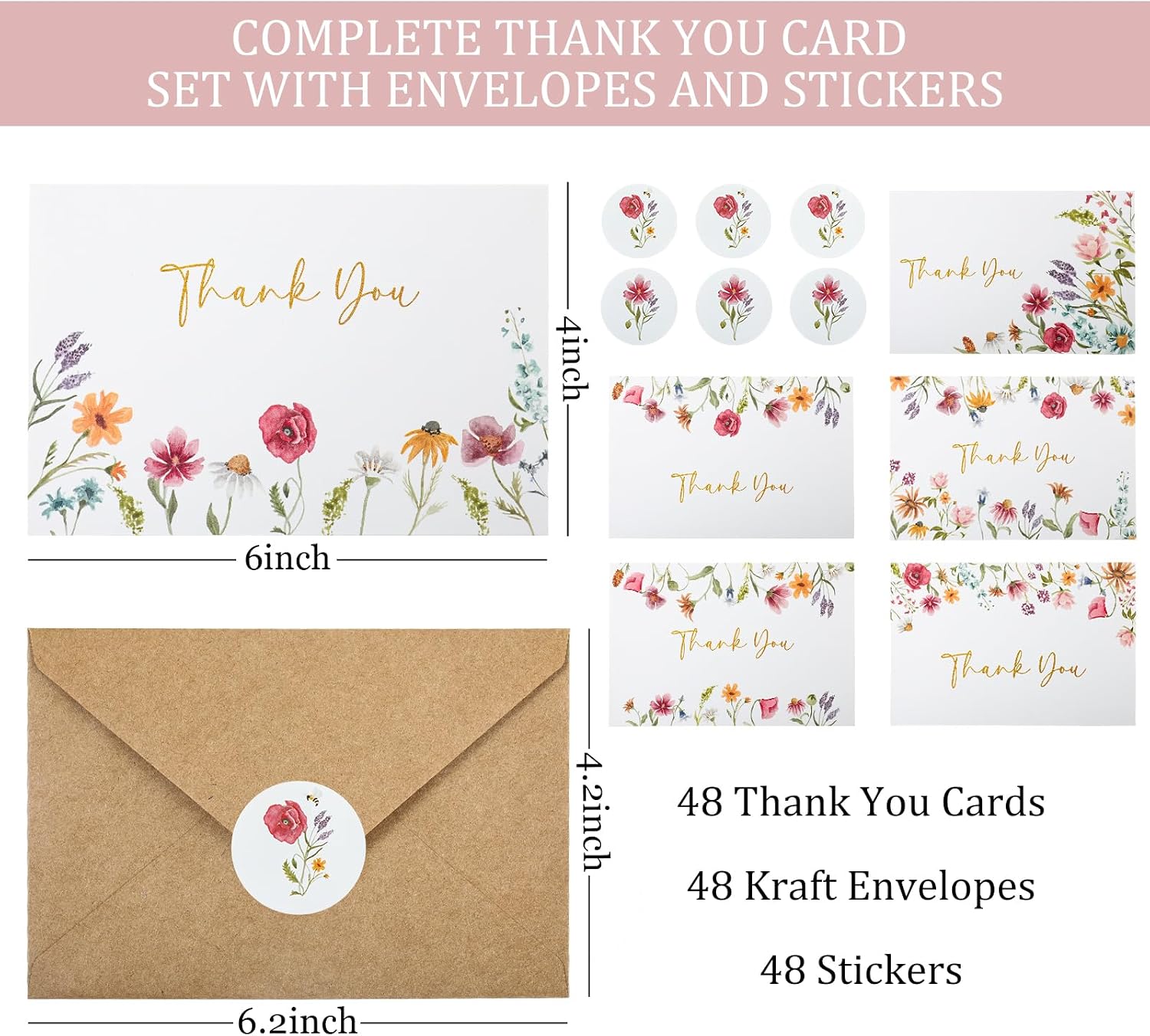 Wildflower Thank You Cards with Envelopes for Wedding Baby Shower