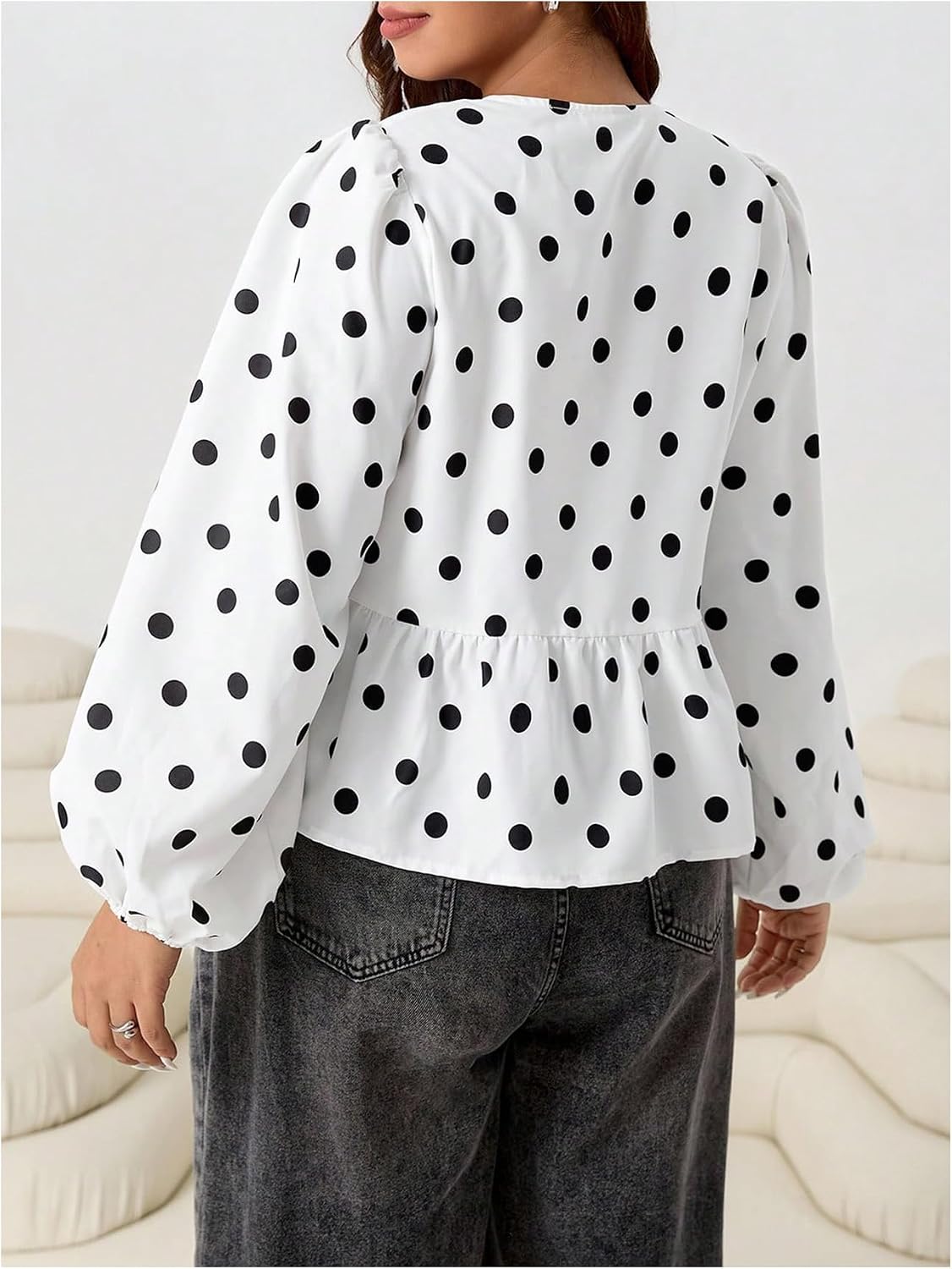 Floerns Women's Plus Size Going Out Gingham Tie Front Blouse Long Sleeve Cute Peplum Tops