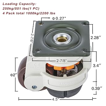 Toolly 4 Pack Leveling Machine Casters with Nylon Wheel and Rubber Foot- Loading Capacity 2200 lbs - Retractable Workbench Caster Set (60F)