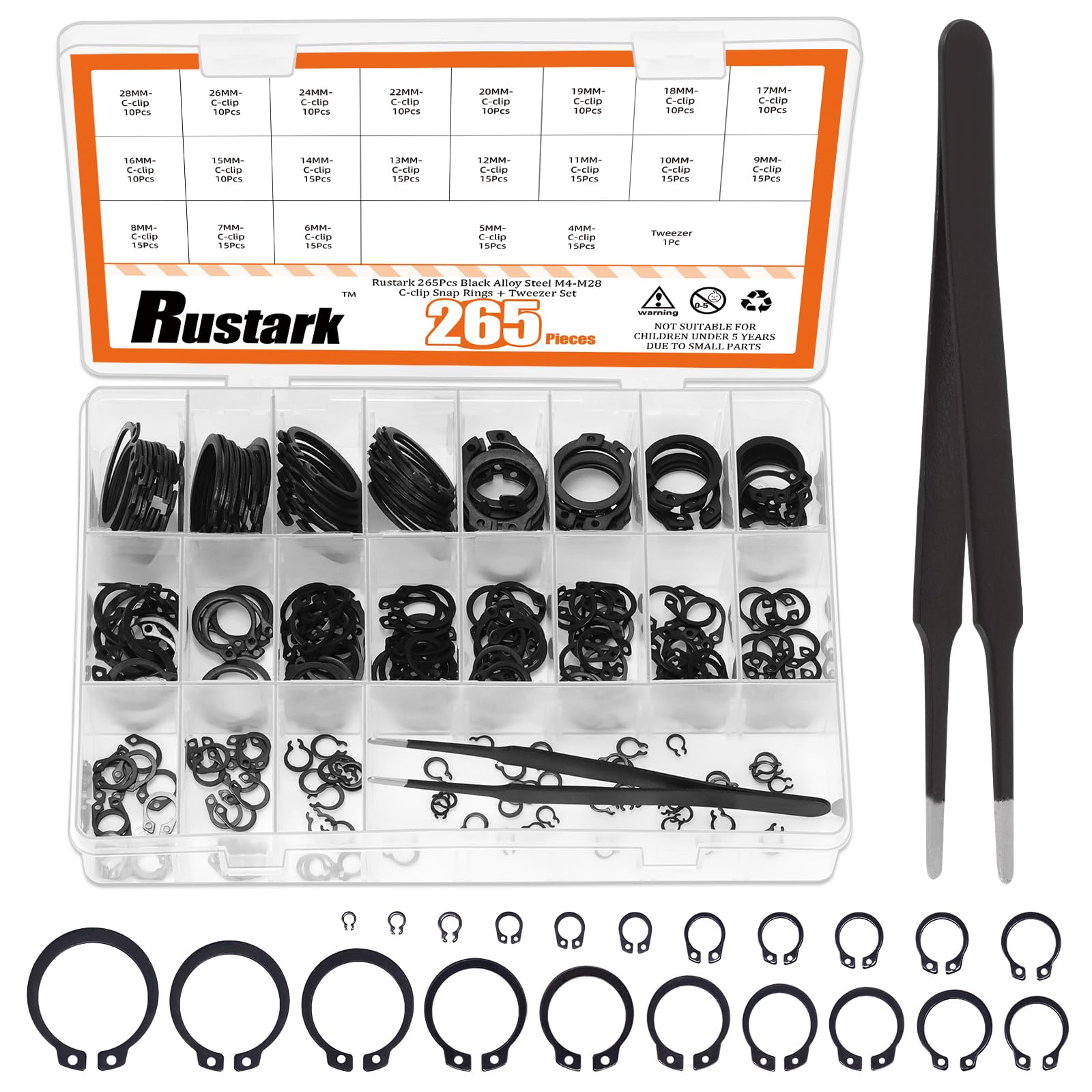 Rustark 266Pcs 21 Sizes Black External Snap Rings Assortment Kit with Tweezers Alloy Steel External Retaining Rings Circlip Snap Retaining Clip Rings C-Clips Snap Ring Set for Axle Shaft Parts