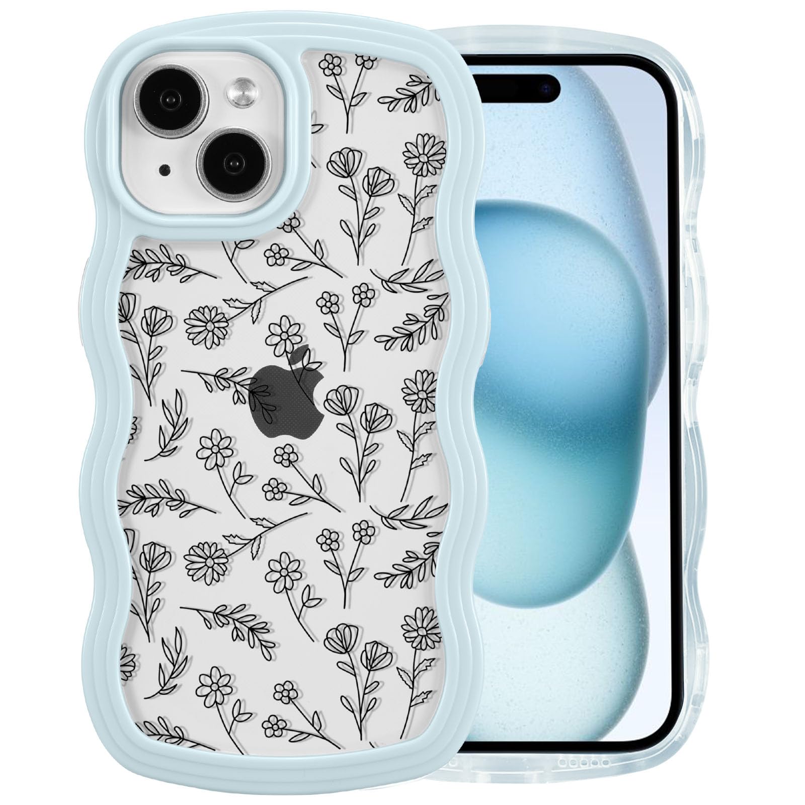 QLTYPRI for iPhone 15 Case, Cute Curly Wave Frame Clear Case for Girls Women, Flower Clear TPU Bumper Slim Soft Silicone Shockproof Protective Phone Cover for iPhone 15 - Black Floral/Light Blue
